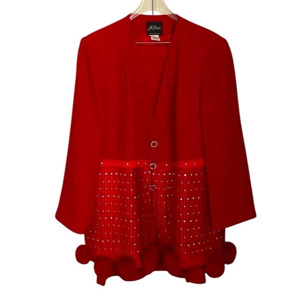 Milano Red Rhinestone Studded Pom Pom Skirt Suit Size 26W Church Plus Size - Picture 1 of 10